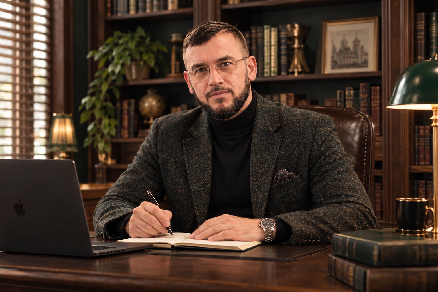 Андрей Дашковский в тёплом кабинете с библиотекой